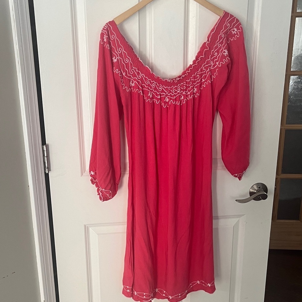 Muche et Muchette Charlotte Dress in Coral with White Embroidery M/L